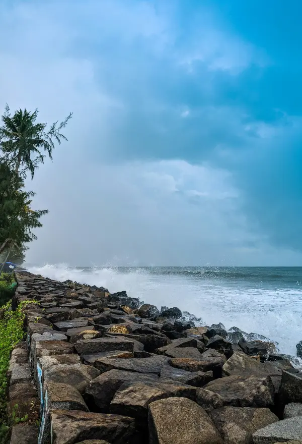 A stormy scene at a beach in Kochi, a coastal city in Kerala.