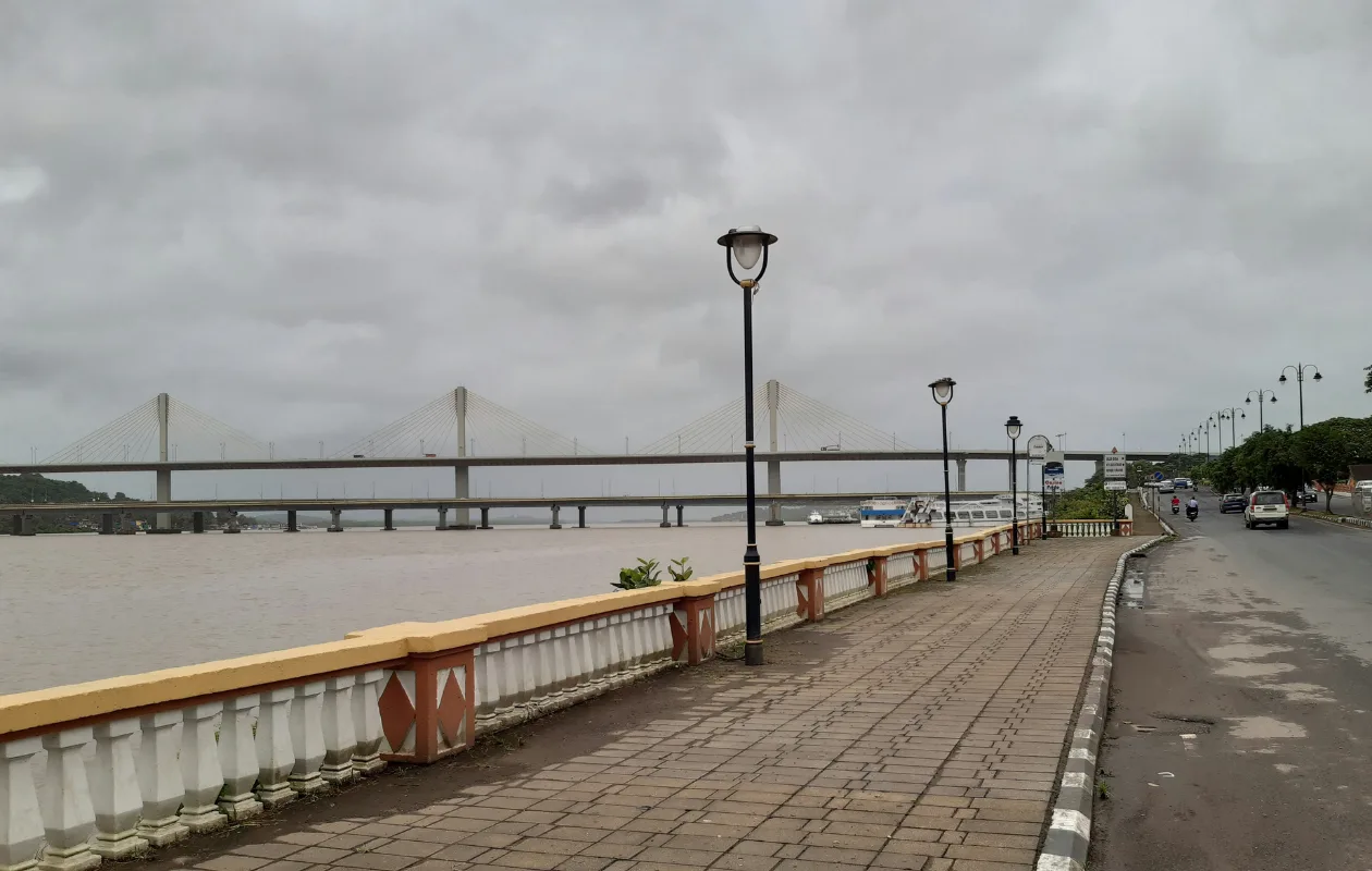 The image features the Atal Setu Bridge in Panaji, Goa, India.