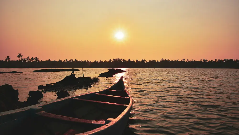 A sunset over the backwaters in Kerala, near Kochi.