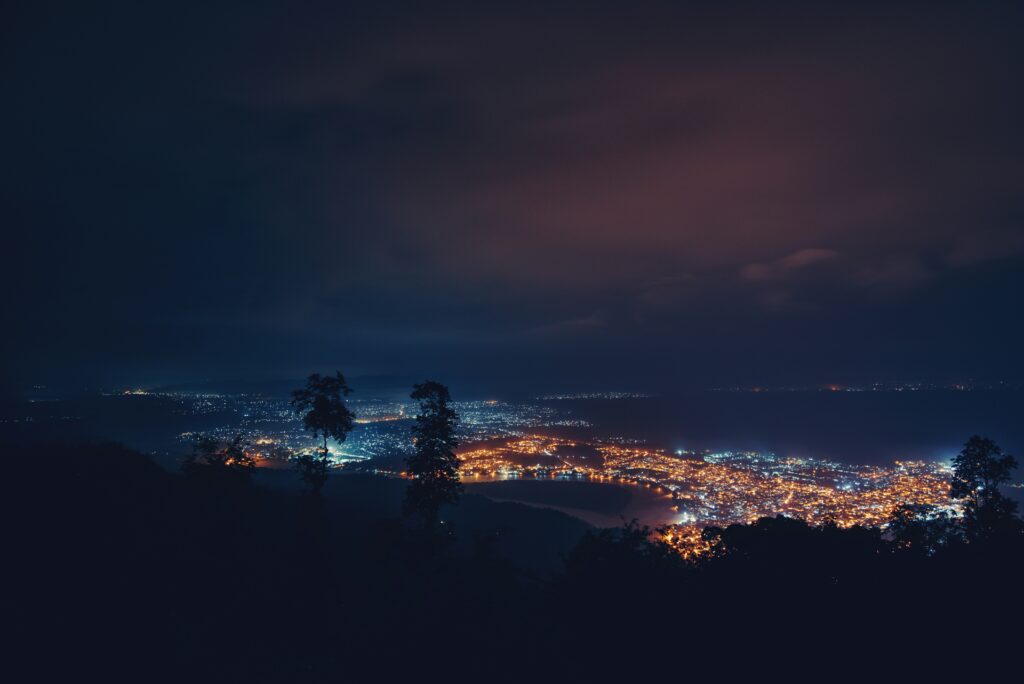 A panoramic nighttime view of the city of Rishikesh