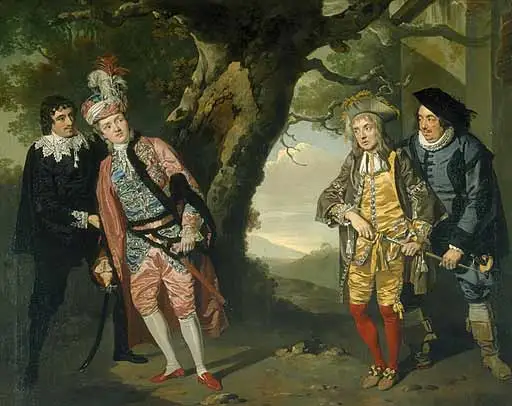 Act III, Scene iv, Fabian encouraging Viola ("Cesario") to fight Aguecheek. Painting by Francis Wheatley, 1771, from Shakespeare Illustrated.